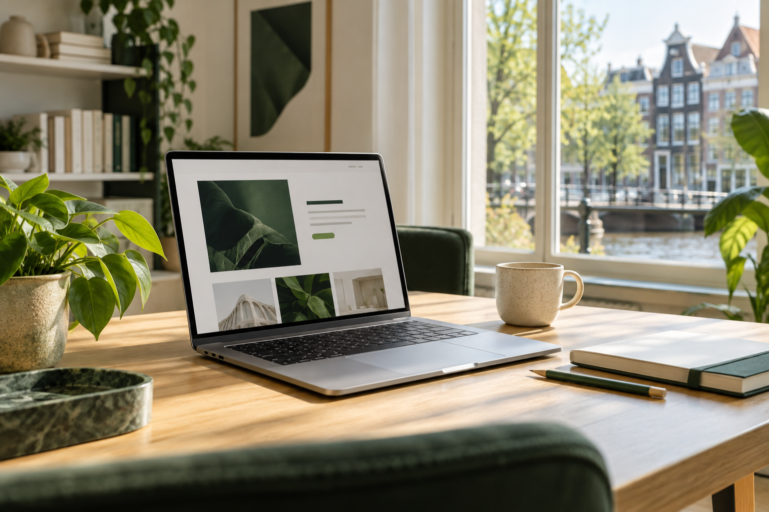 Illustratieve werkplek met laptop, notitieboek en plant